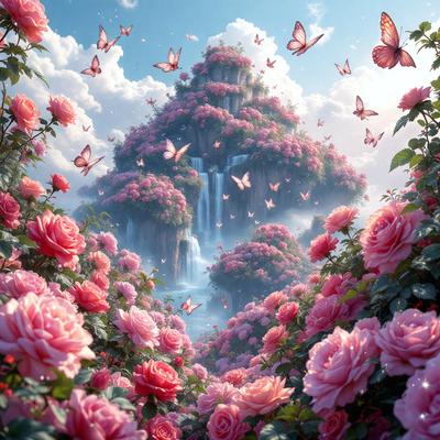 Primary subject: A beautiful garden with a large pink flower and a waterfall.

Setting/background: The garden is filled with pink flowers, and there is a waterfall in the background.

Visual style: The image is a digital artwork, featuring a vibrant and colorful scene.

Colors and mood: The dominant colors are pink and red, creating a warm and inviting atmosphere.